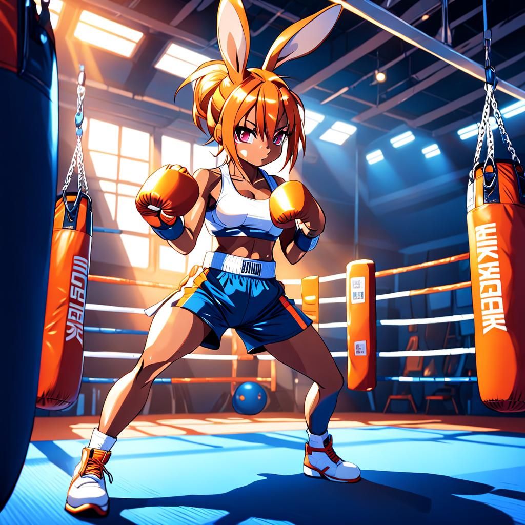 Rabbit Girl Boxer Training in Anime Manga Style