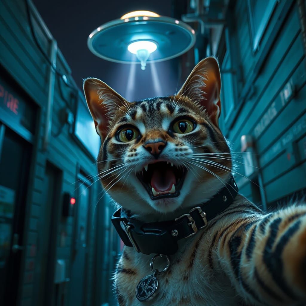 Futuristic Feline Captures UFO in Neon-Lit Alley