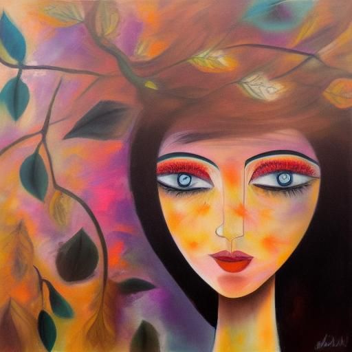 Expressionist Painting of Abstract Woman with Leaves