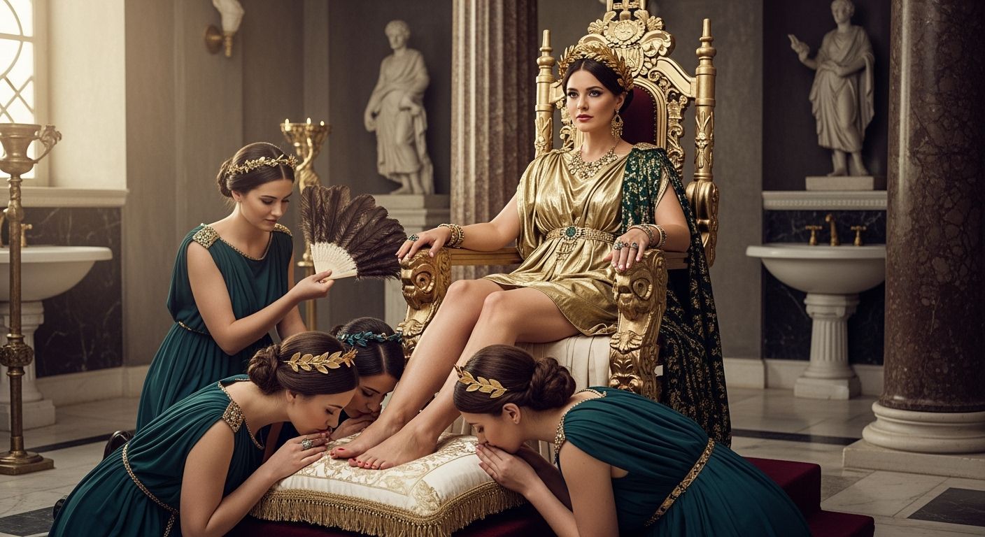 Regal Roman Empress on Gold Throne in Palace