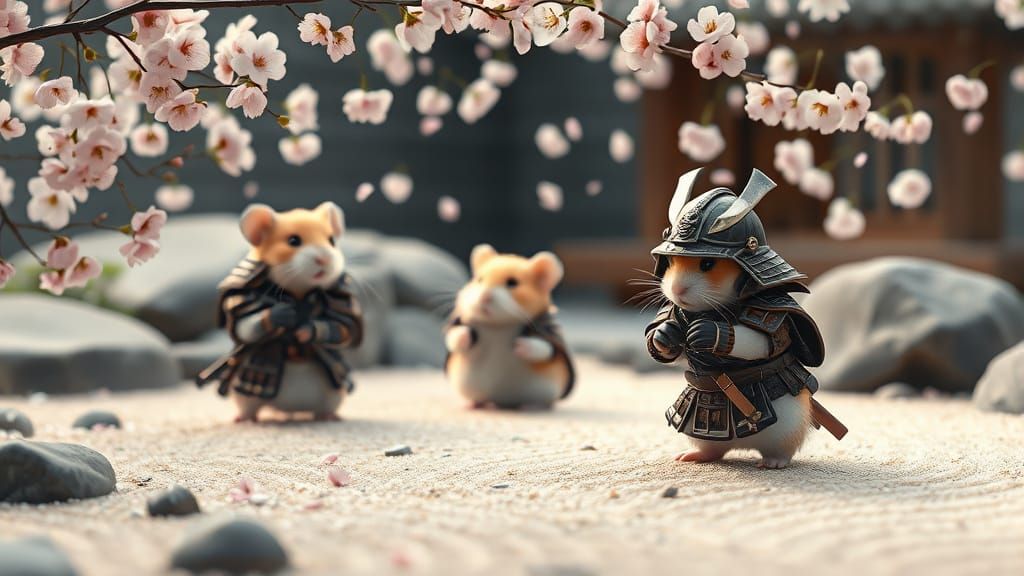 A brave team of chibi hamsters in miniature samurai armor, training diligently in a serene zen garden, with cherry bloss...