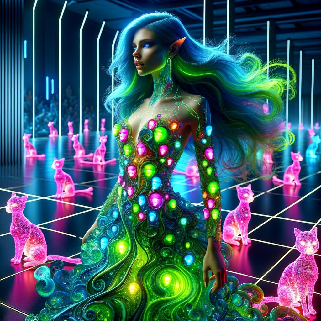 Hyper-Realistic Neon Elf Goddess in Modern Dancefloor Scene