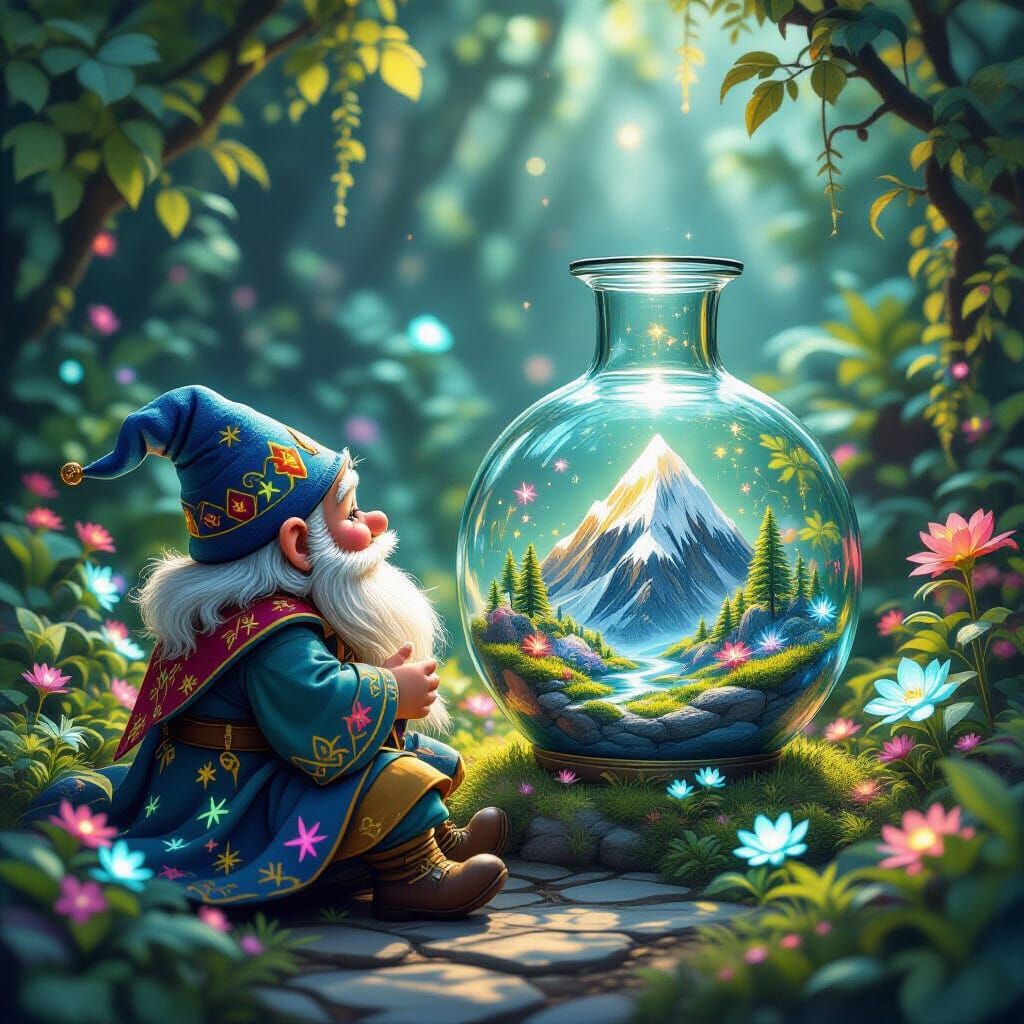 Dwarf Wizard in Bioluminescent Garden Acrylic Painting