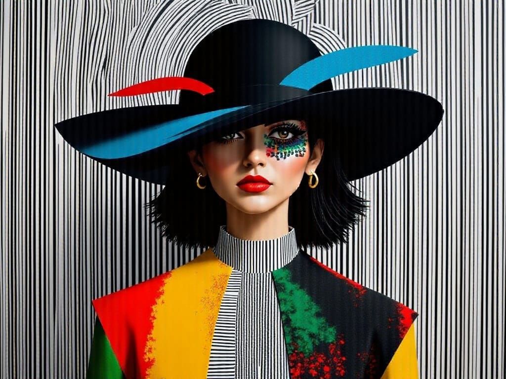 Surrealist Woman in Barcode Landscape with Distorted Proport...