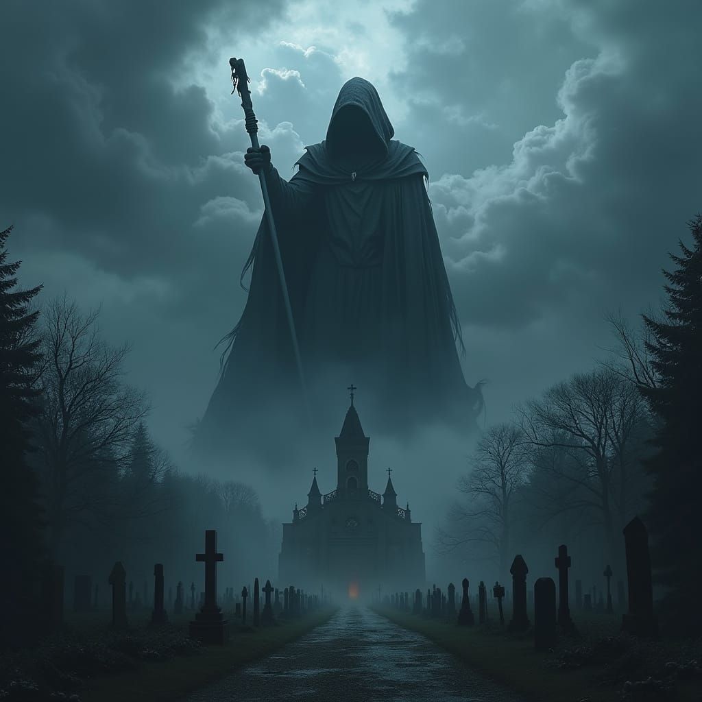 Grim Reaper in Stormy Clouds Over Gothic Church
