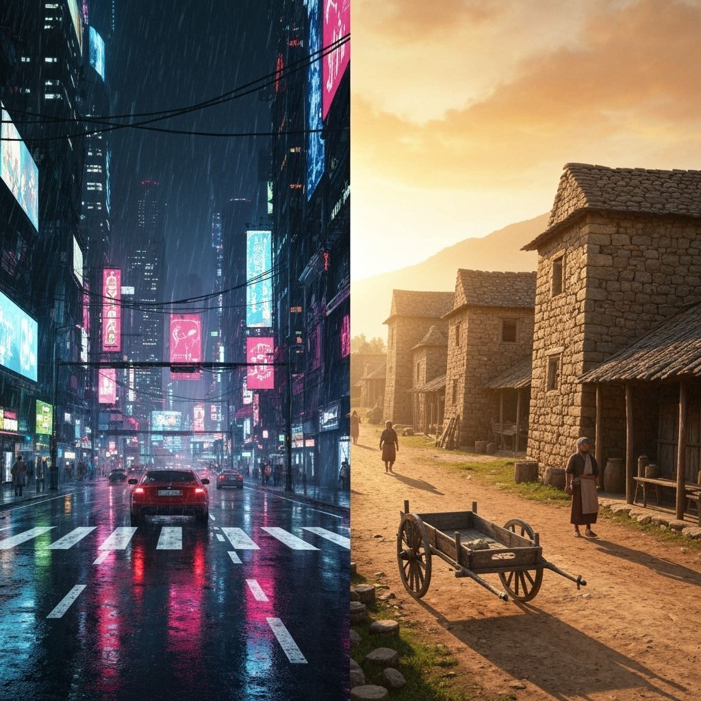 Cyberpunk Metropolis Meets Ancient Village