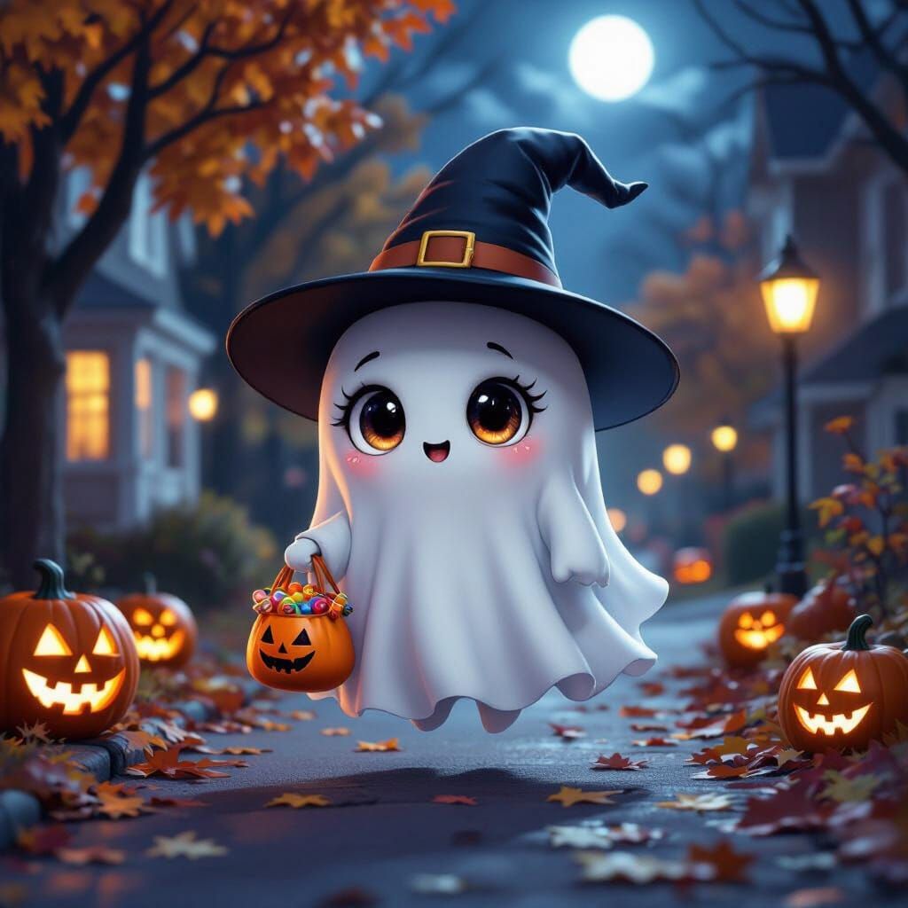 Cute Chibi Ghost Trick-or-Treating in Hyperrealistic Style