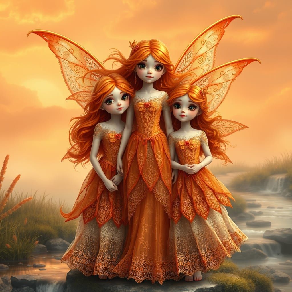 Ethereal Fairy Family in Orange Landscape