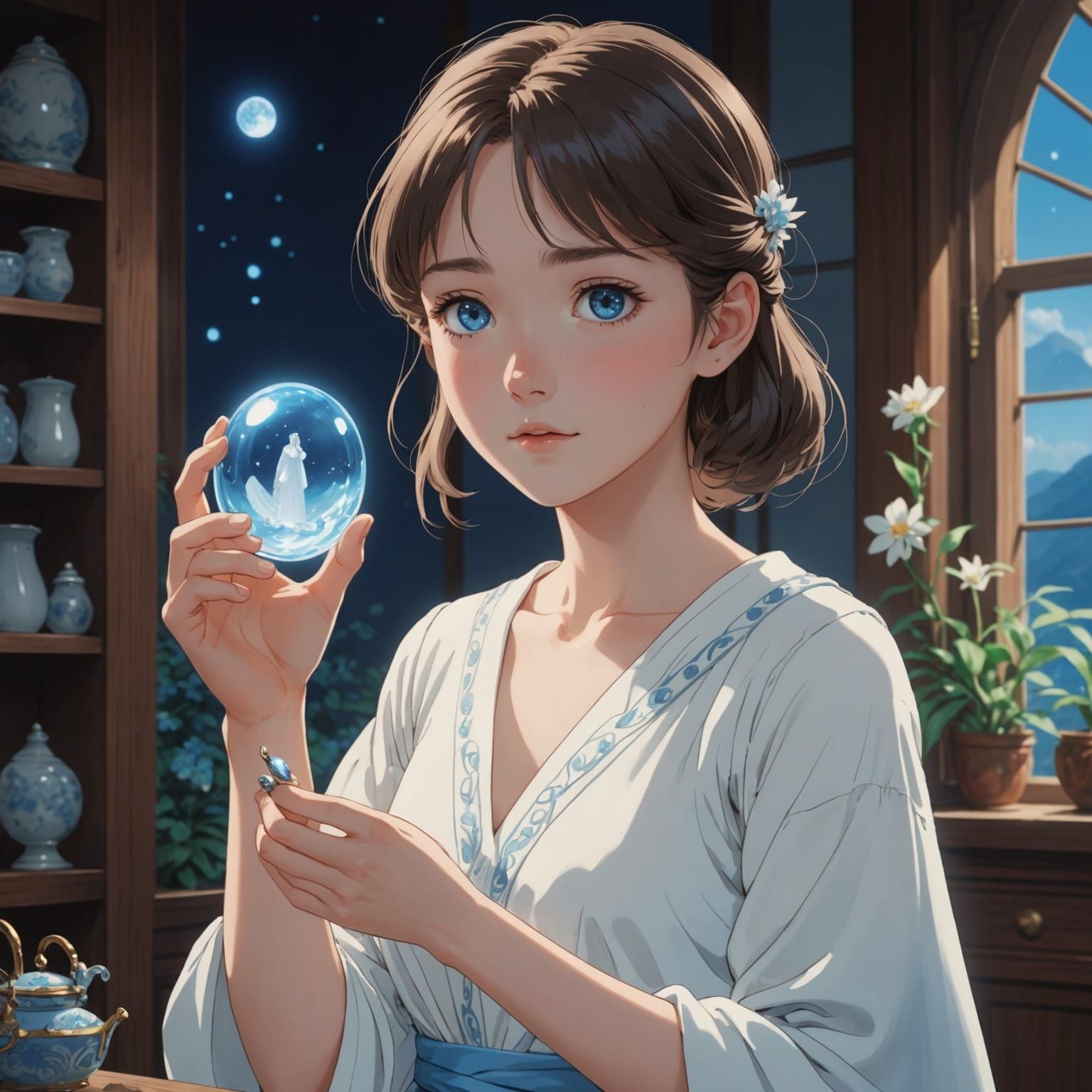 Anime Girl Holding Moonstone: Ghibli-Shinkai Style