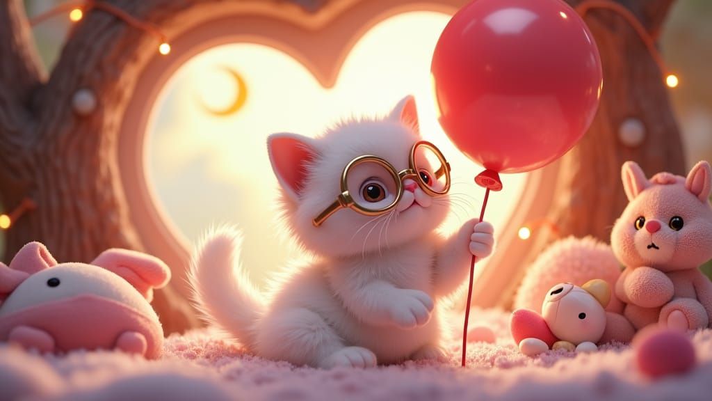 Kitten in Treehouse with Balloon: 3D Anime Art
