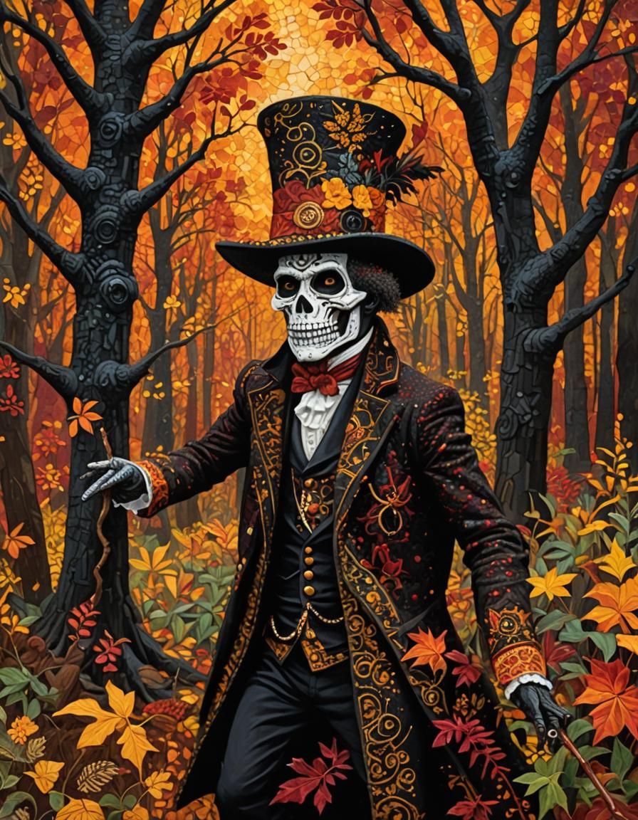 Baron Samedi  Fall  colors  mixed media painting of a an aut...