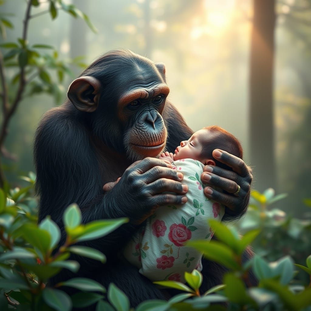 Hyper-Realistic Chimpanzee Cradles Newborn in Misty Forest