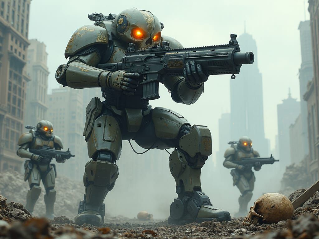 Cybernetic Mech-Warrior in Apocalyptic Cityscape