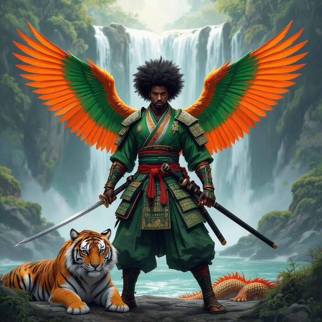 African Samurai Warrior with Tiger and Dragon by Waterfall