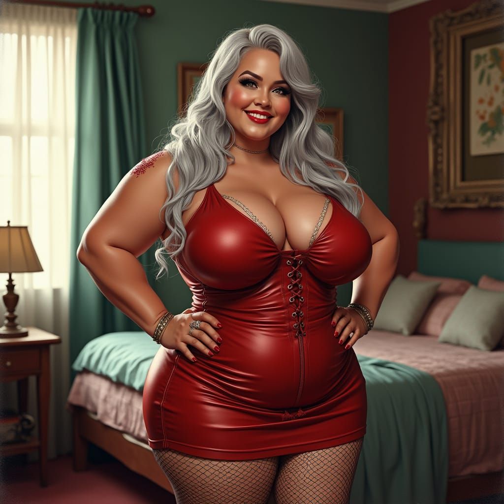 Curvaceous Silver-Haired Woman in Pin-Up Style