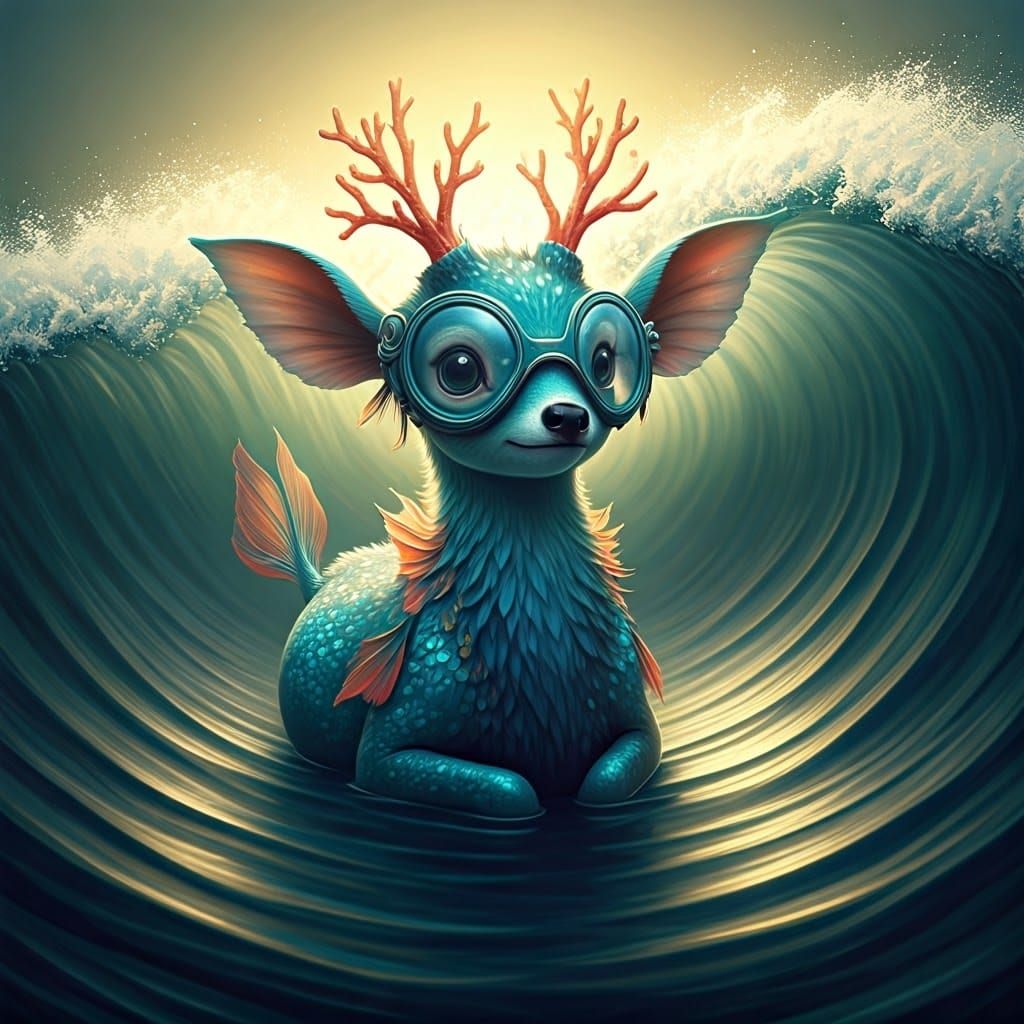 Turquoise Sea Deer with Coral Horns in Dreamlike Ocean