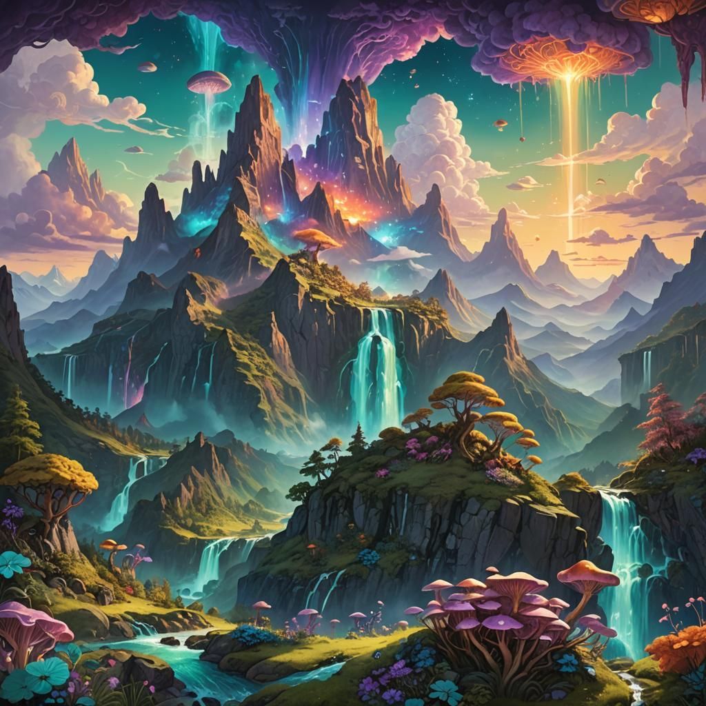 Lush Mountains with Glowing Flora, Shaun Tan-Inspired