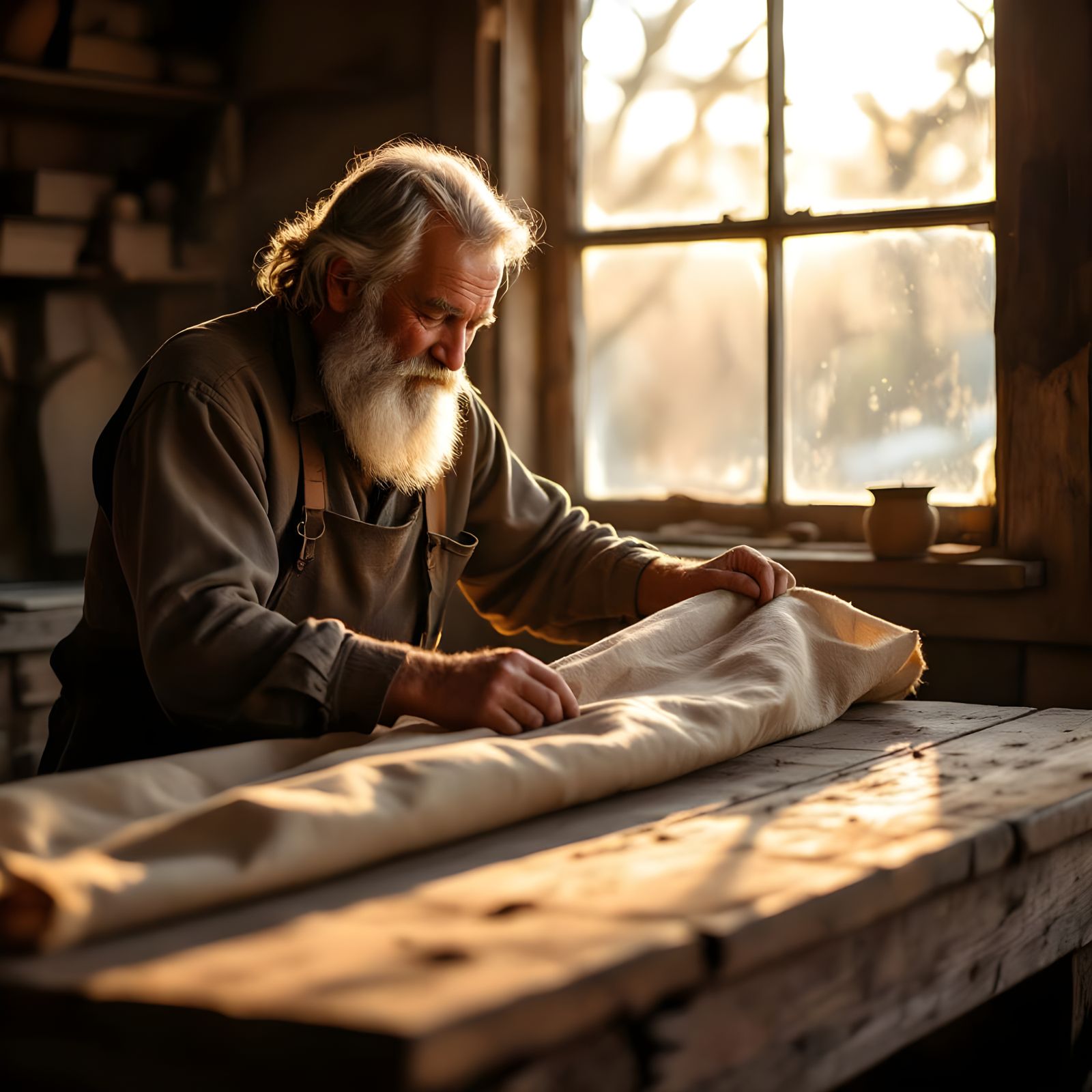 Elderly Craftsman Unveils Wooden Table in Golden Hour Light