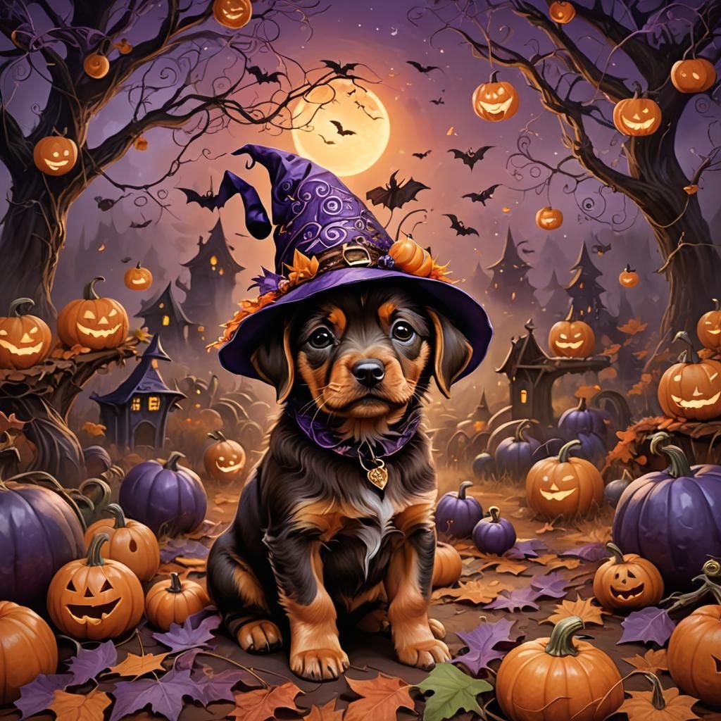 Puppy Witch in Autumn Fantasy Art