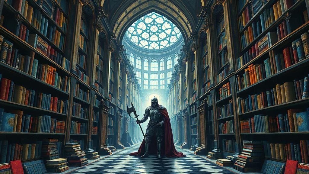 Mystical Knight in Dreamlike Library, Impasto Gouache