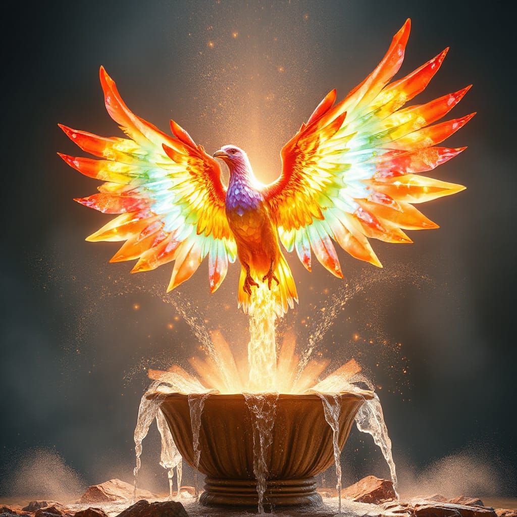 Gemstone Phoenix Rising with Rainbow Crystal Feathers
