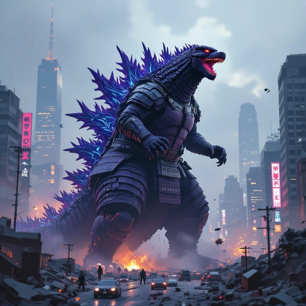 Armored Purple Godzilla Rampages Through Metropolis