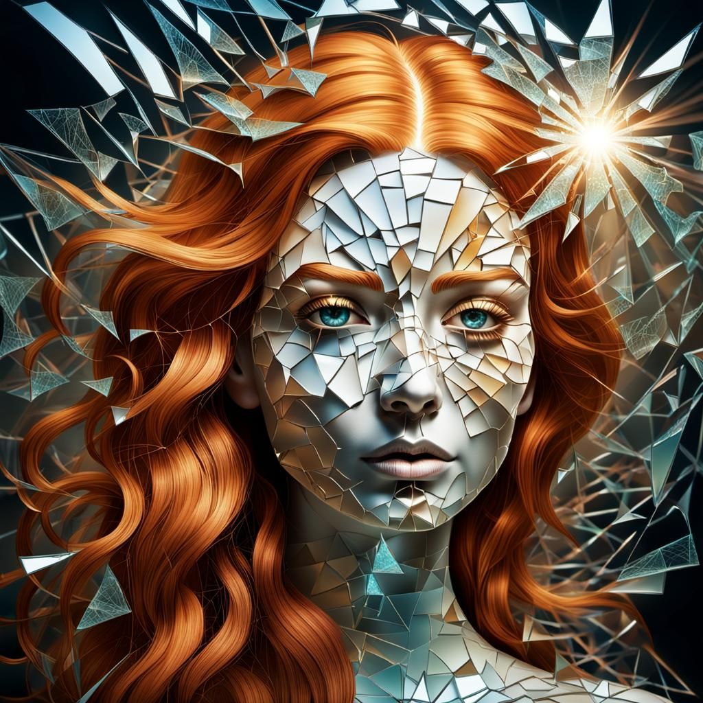 Surreal Shattered Glass Woman in Mirror