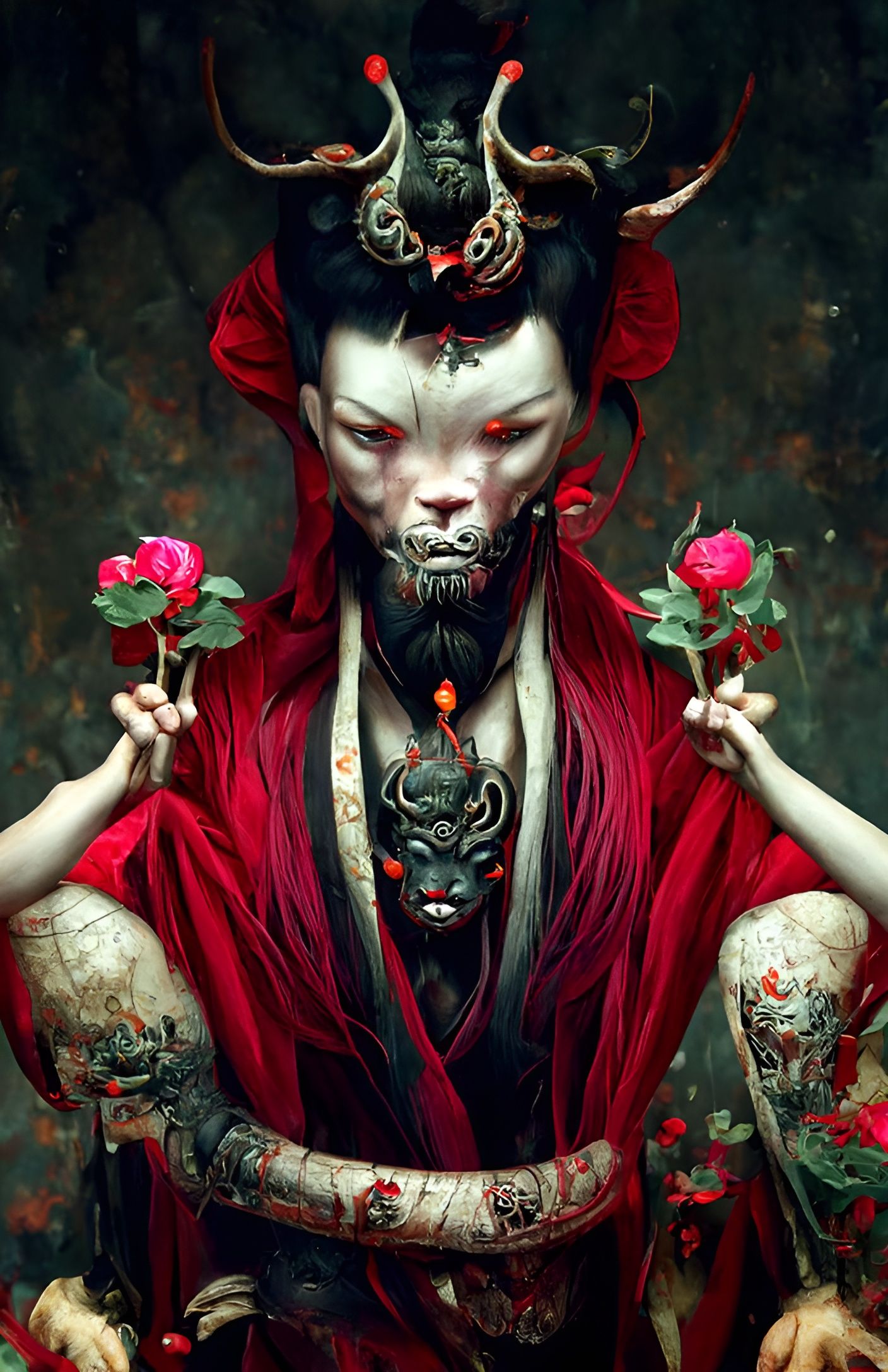 Red Asian Devil with Roses: Digital Art