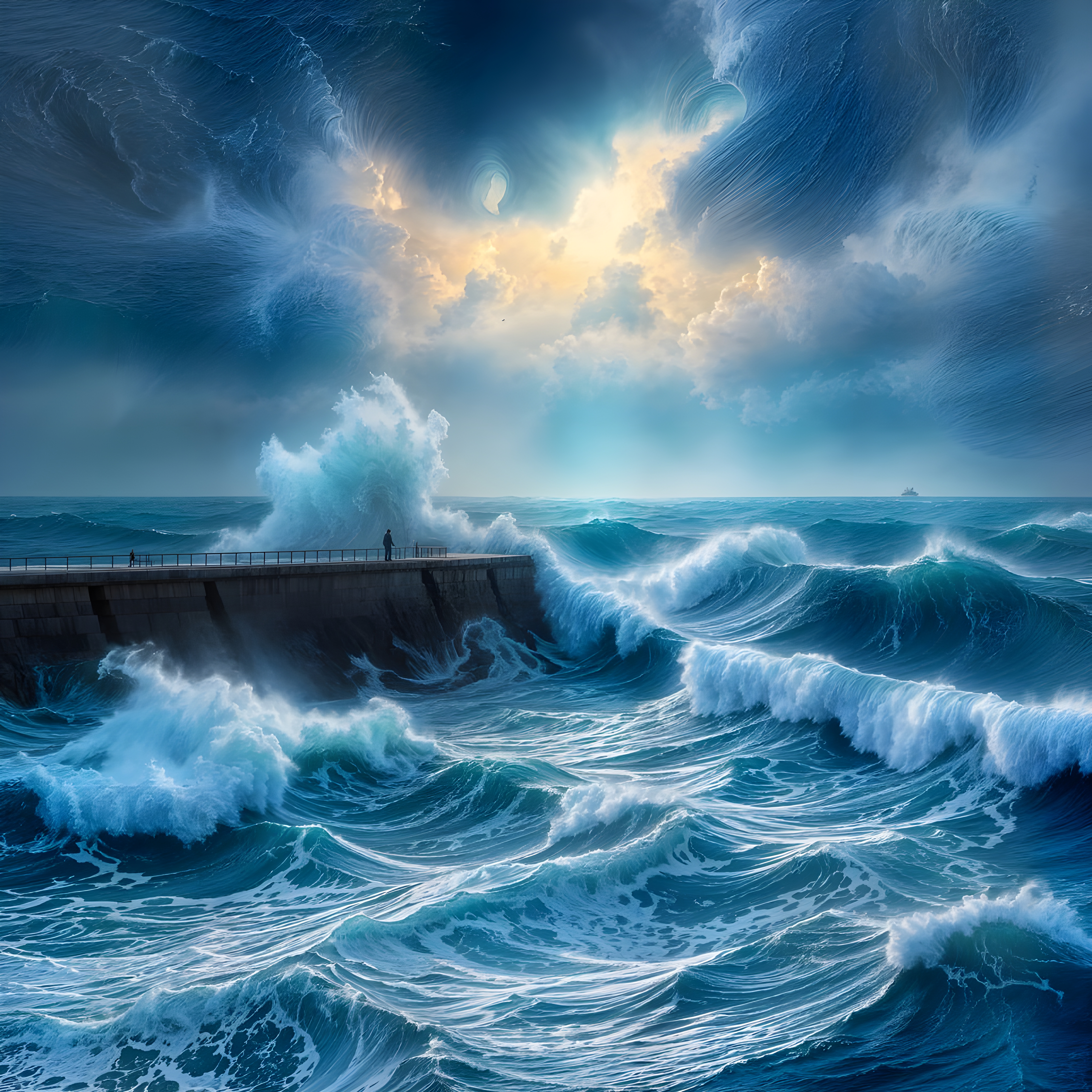 Turbulent Ocean Blue Breakwater Scene in Oil Painting Style