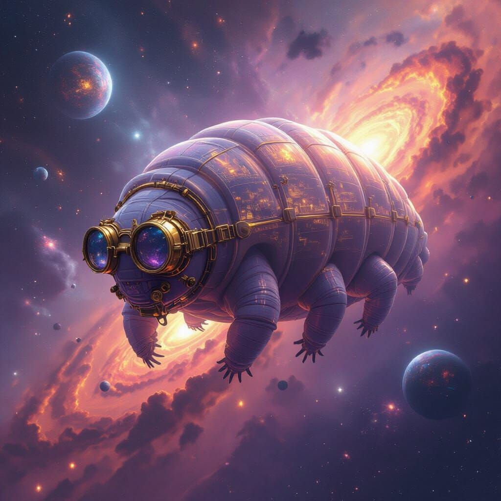 Gear-Encrusted Tardigrade in Nebula: Digital Matte Painting