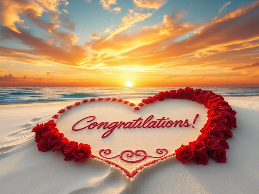 Romantic Sunset Beach Scene with Heart Shape and Roses