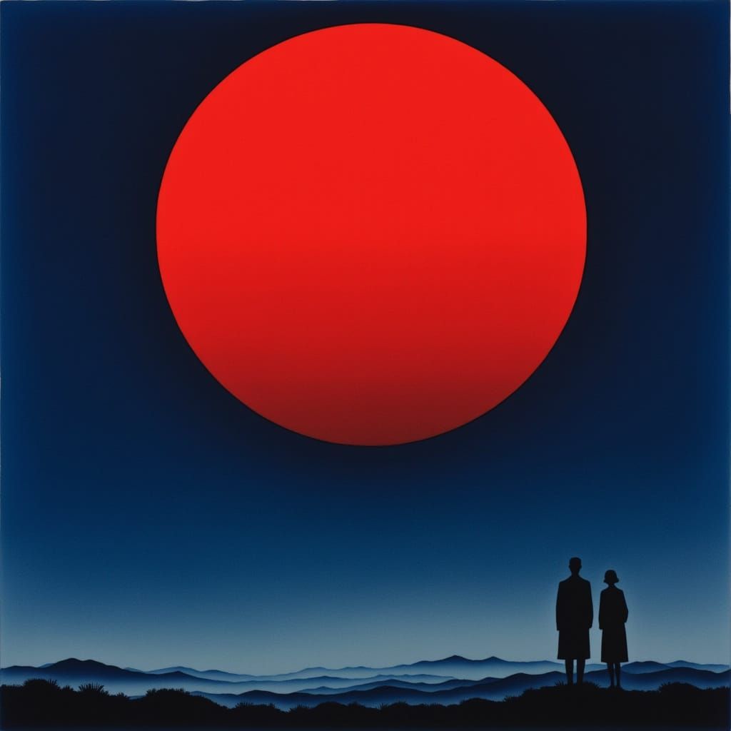 <lora:Sametti:1.0> A giant totally red sun on a background of dark blue sky