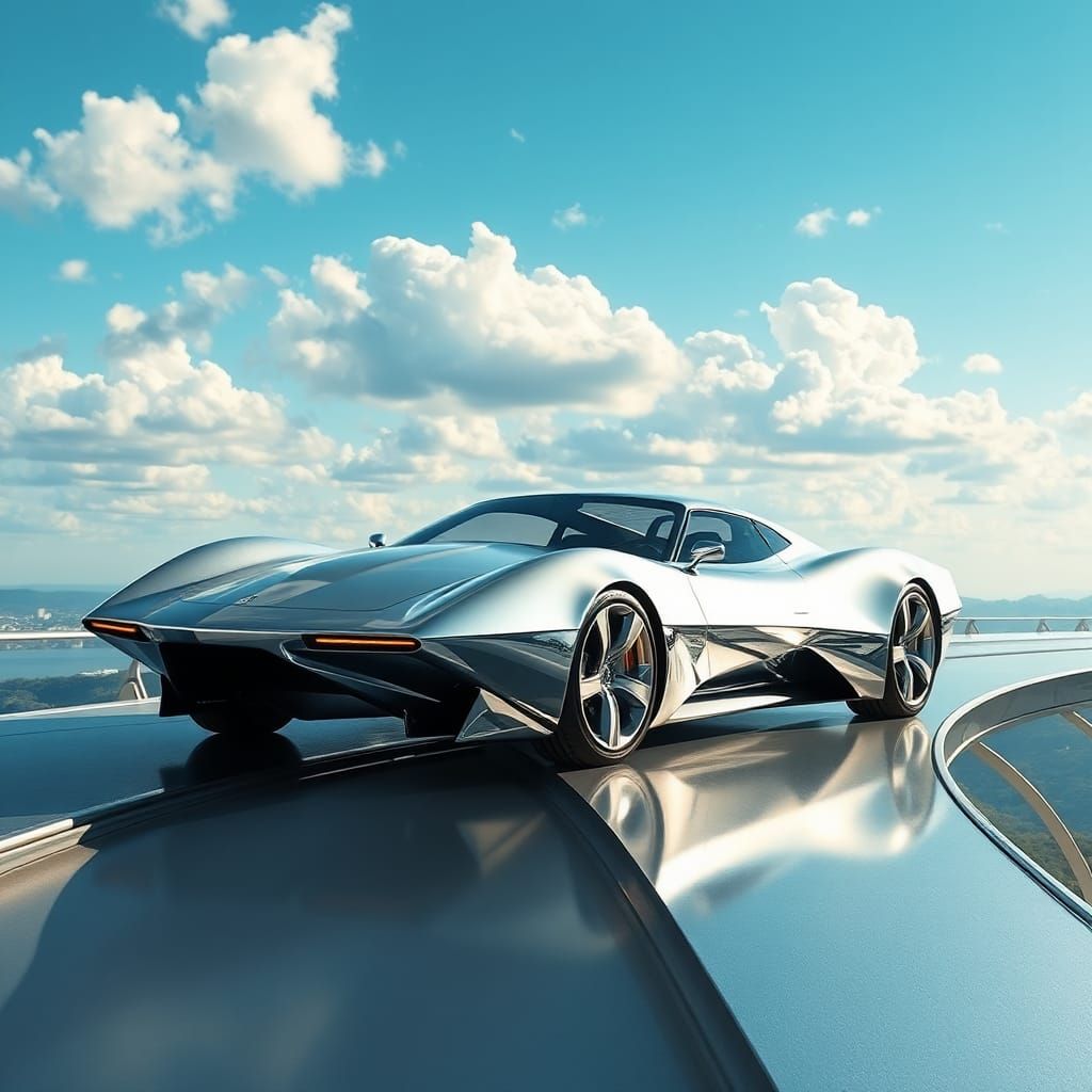 Futuristic Silver Sports Car on Diamond Bridge