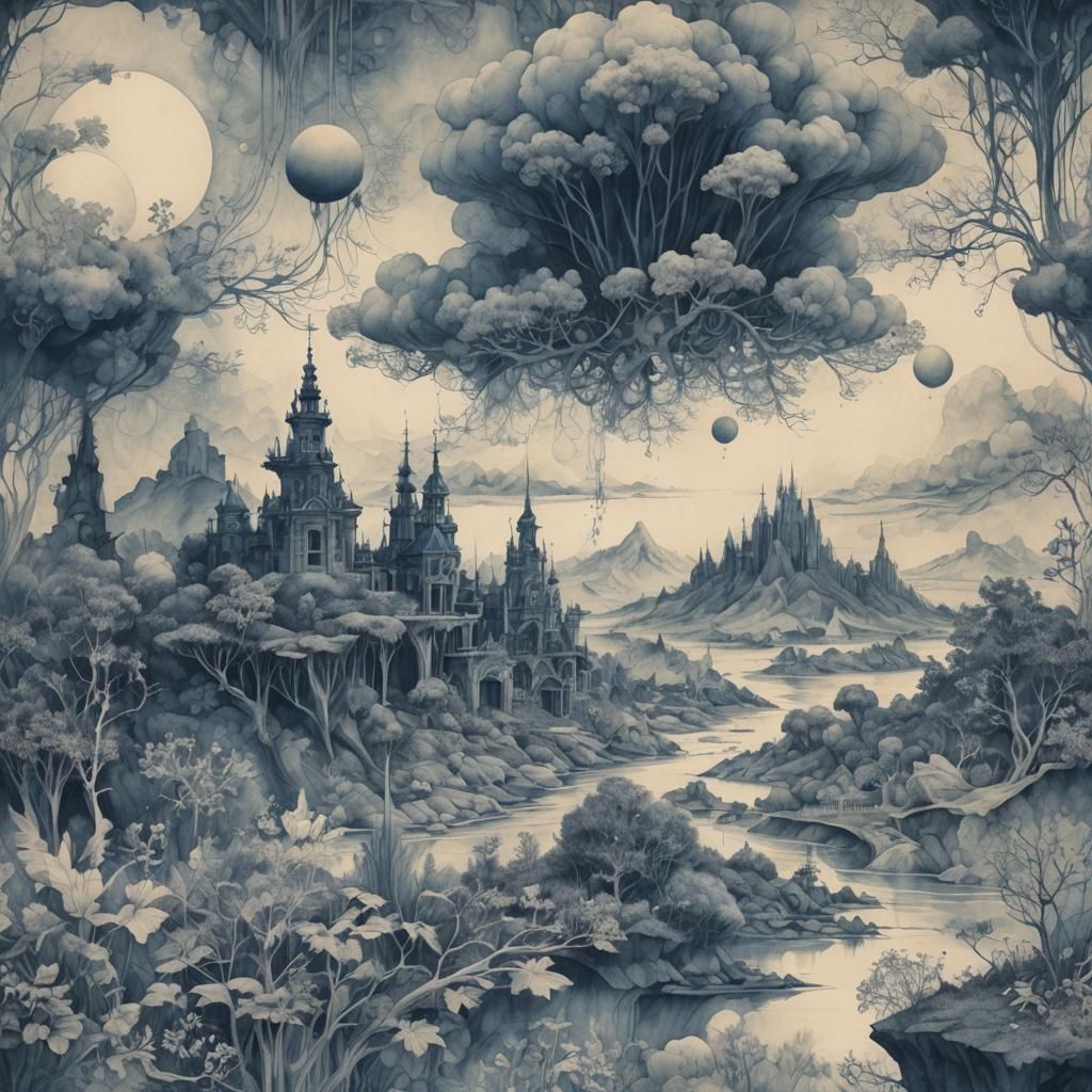 Cyanotype Landscapes of Digital Multiverse in Baroque Style