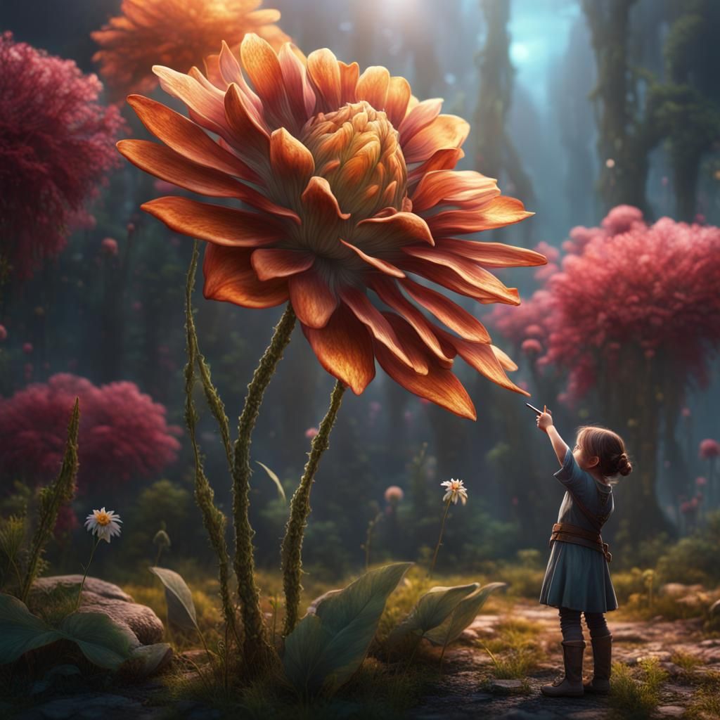 Child Points to Flower: Detailed Fantasy Art