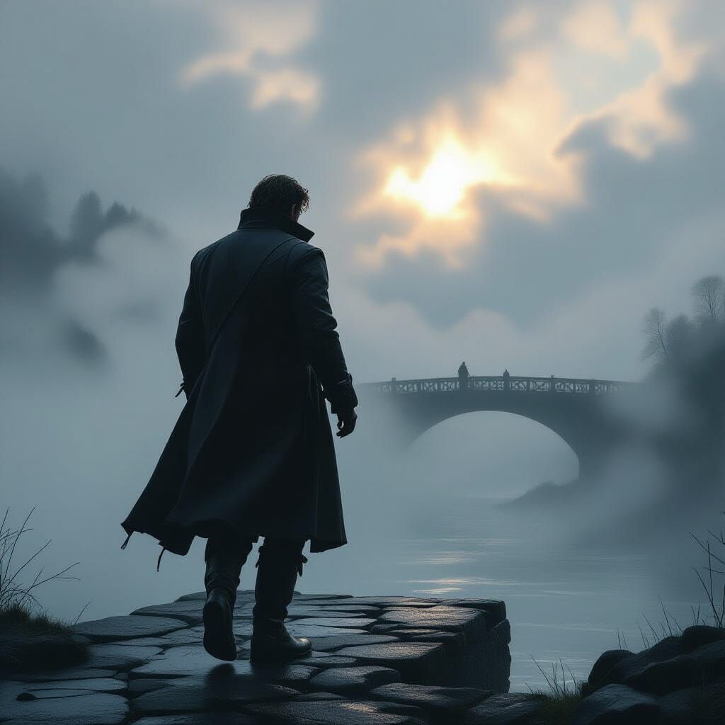 Man Emerges From Fog on Stone Bridge