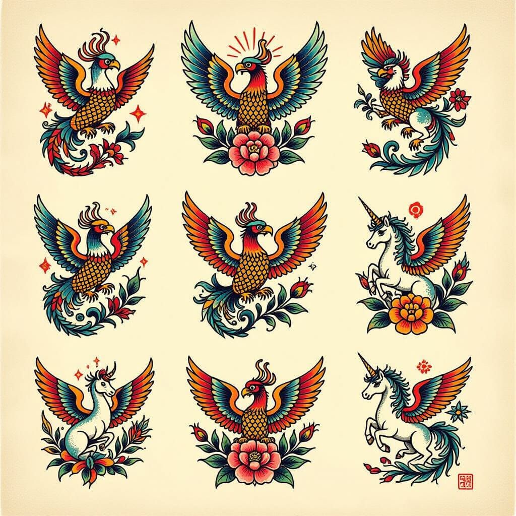 Mythical Creatures Tattoo Flash Sheet in Ukiyo-e Style