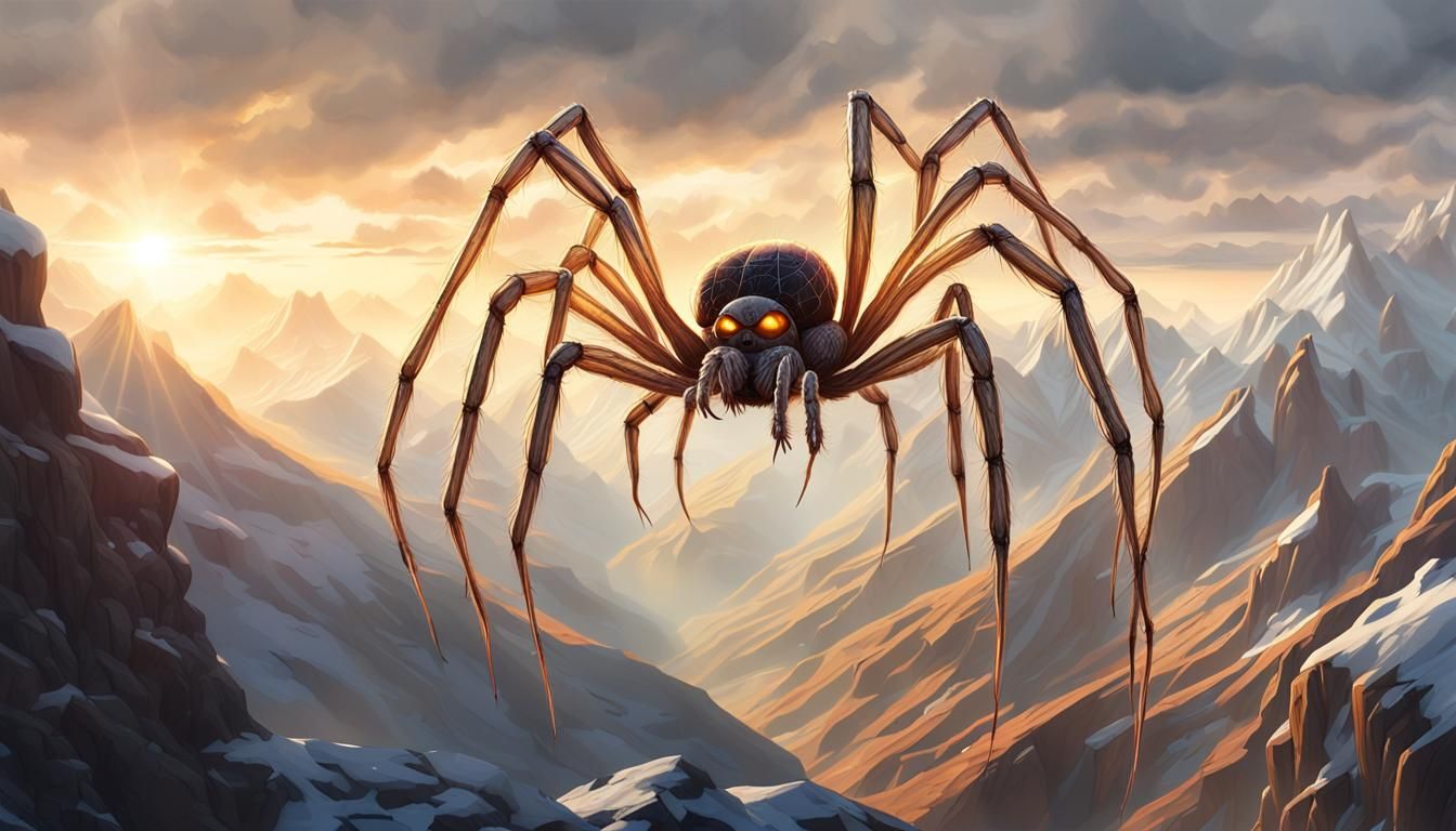 Transparent Spider Walking Across Mountain Peaks
