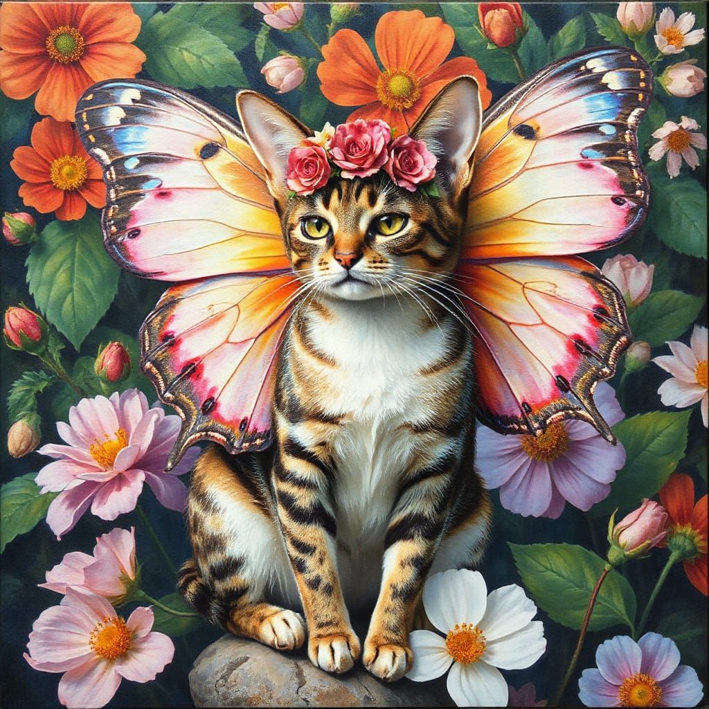 Butterfly-Cat Chimera in Victorian Garden, Impasto Gouache