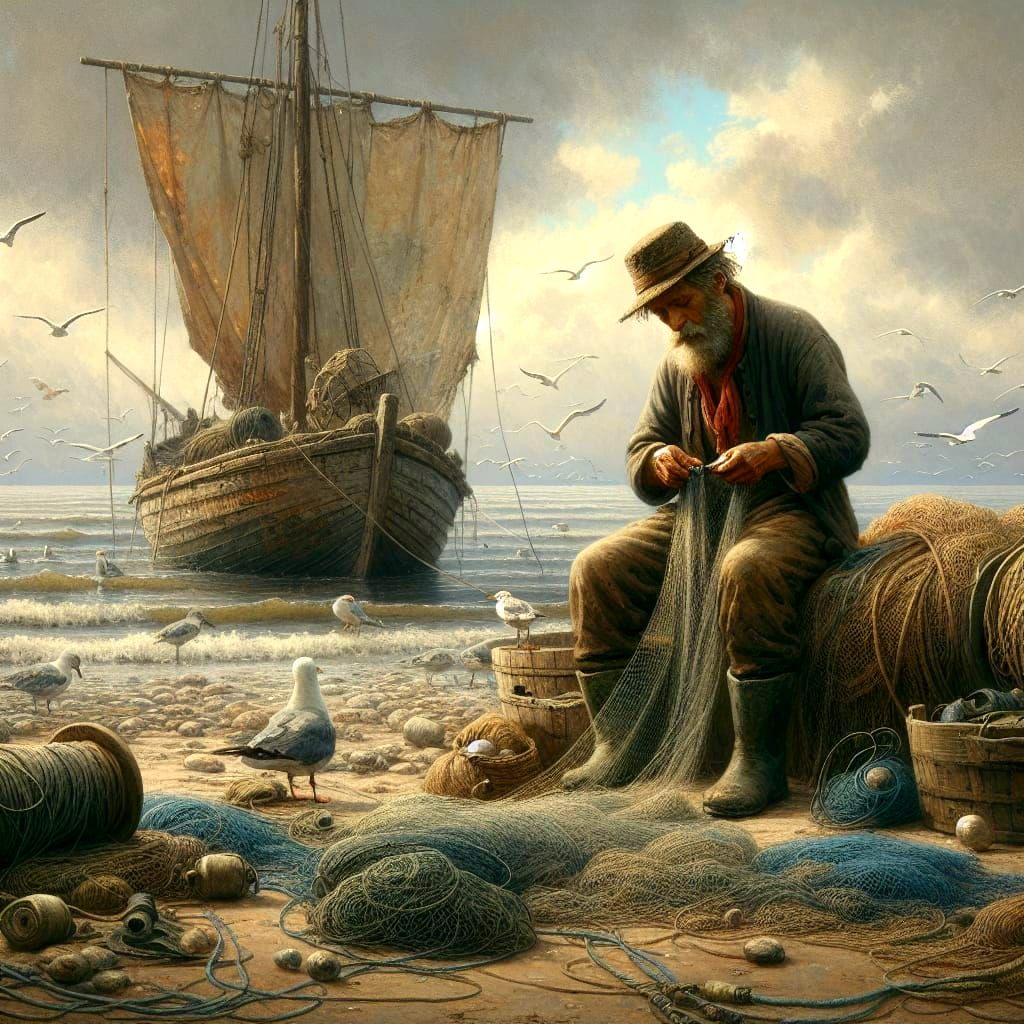 Fisherman repairing nets
