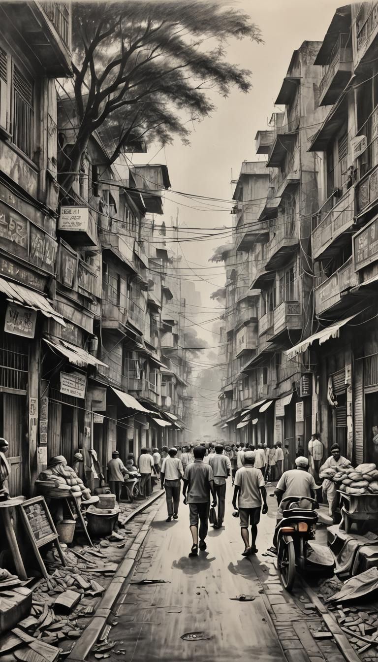 Kolkata Street Scene in Charcoal Drawing Style
