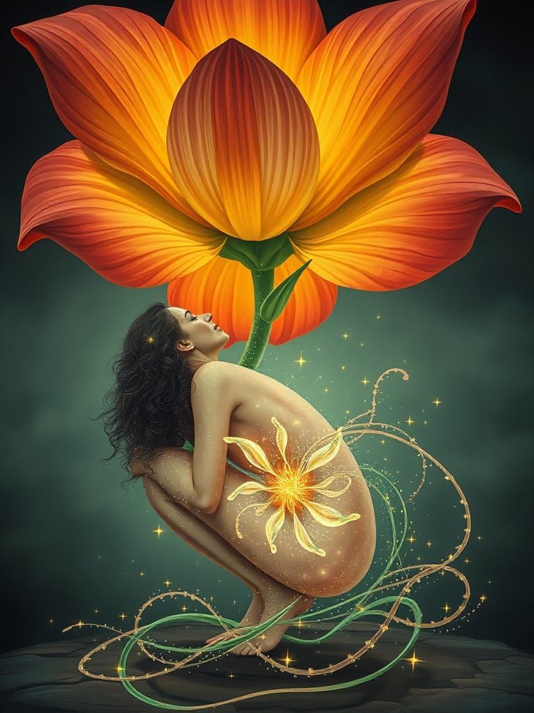 Surreal Woman Under Ethereal Flower with Star Hair