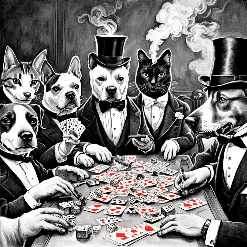 A pencil drawing of dogs and cats playing cards and dice  dressed as English gentlemen smoking cigars