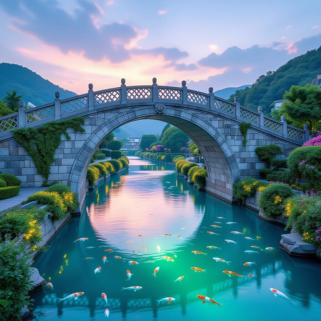 Glowing Pastel River Under Stone Bridge in Photorealism