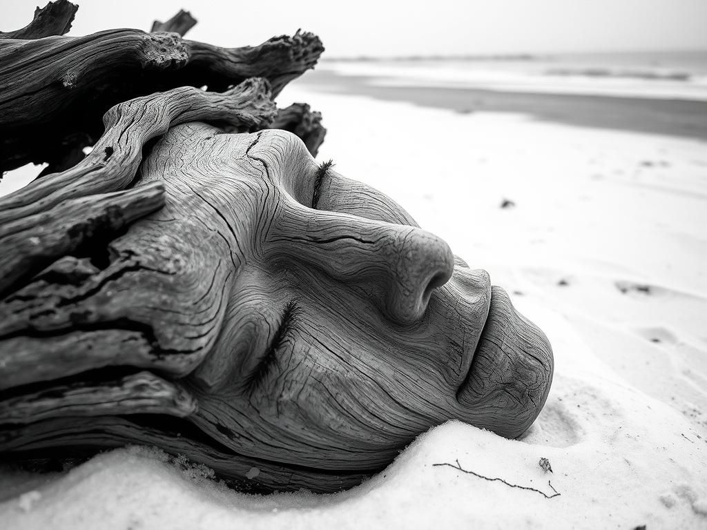 Driftwood Woman on Snowy Beach, Fine Art Photography