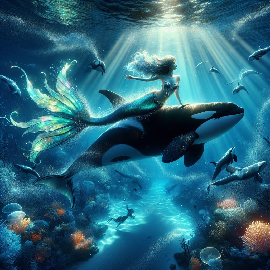 Majestic Mermaid Rides Majestic Orca Under the Sea