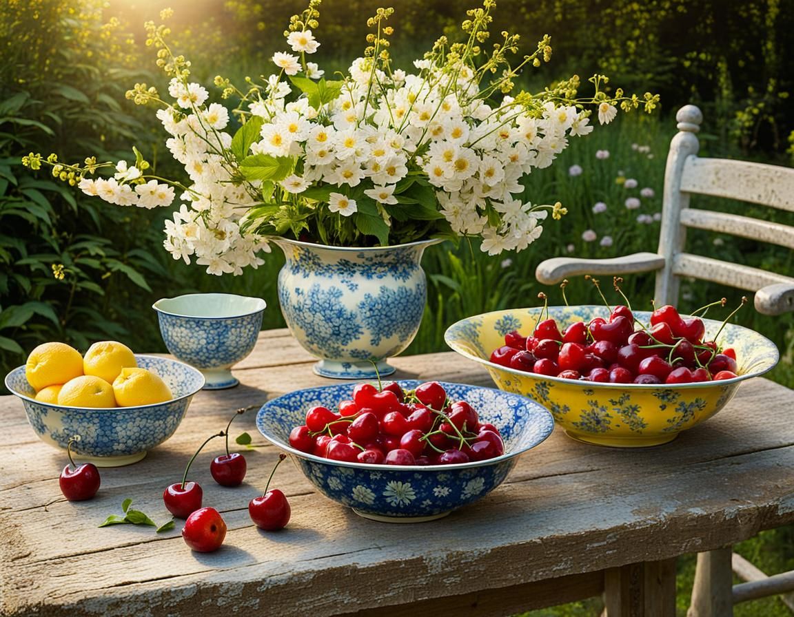 Cherries and Summer Flowers Still Life