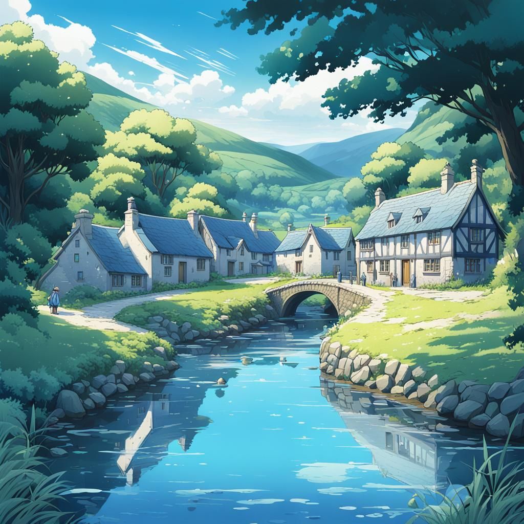 Blue Crystal River Beside Golden Throne in Irish Village