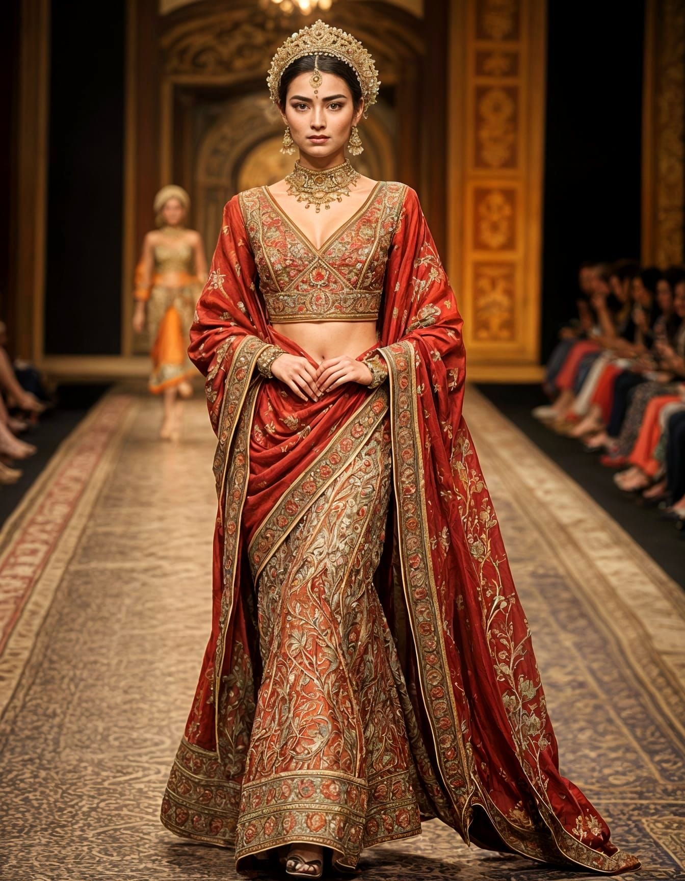 Elegant Model Wears Traditional Attire with Vibrant Embroide...