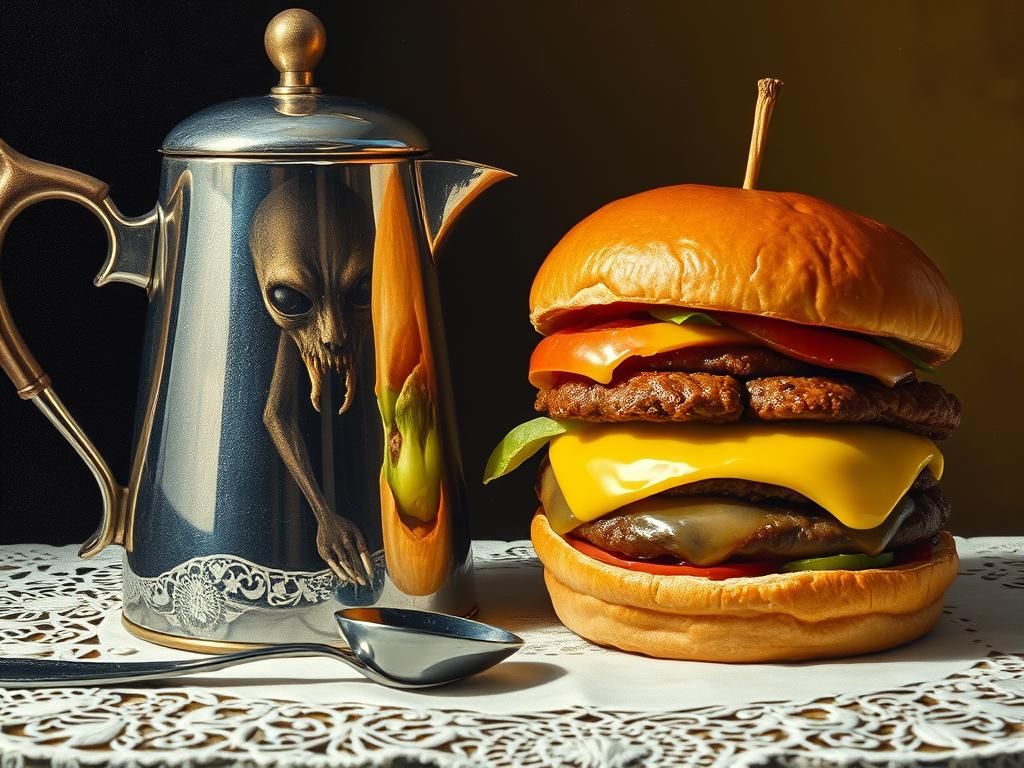 Surreal Still Life with Eldritch Reflection as Oil Painting